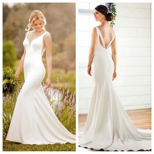 Essense of Australia D2473 Plunging Illusion Tulle Mermaid Train Wedding Dress